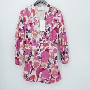 Kasia Anthropologie Romper Women L Pink Floral Long Sleeve Button Front Deep V